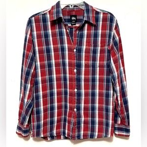 Vintage Stussy Button Up Shirt 90s Navy White Maroon Plaid Skate Surf M